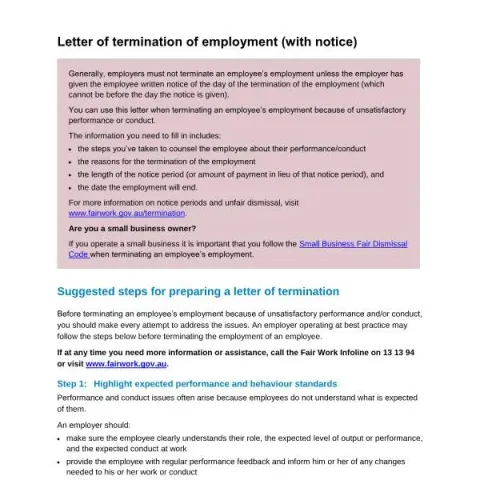 Document preview: Understanding the Fair Work Ombudsman’s Termination Letter Template — Work & employment