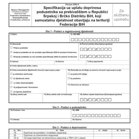 Document preview: Uplata Doprinosa za Poduzetnike u BiH — Administrativne procedure (CERFA n°2002-A)