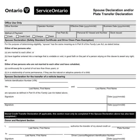 Document preview: Understanding the Vehicle and Plate Transfer Declaration in Ontario (English / French) — Vehicle & driving (SR-LV-139E)