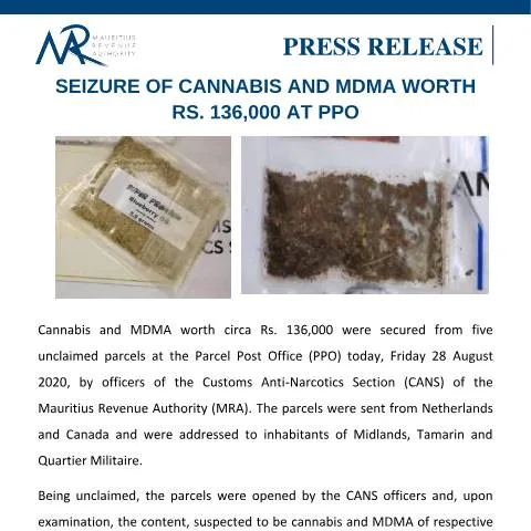 Document preview: Mauritius Revenue Authority's Major Drug Seizure at Parcel Post Office — Government & admin (PressRelease280820)