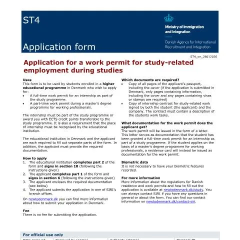 Document preview: Forstå ST4 formularen for studerende i Danmark — Immigration & visa (CERFA n°ST4)