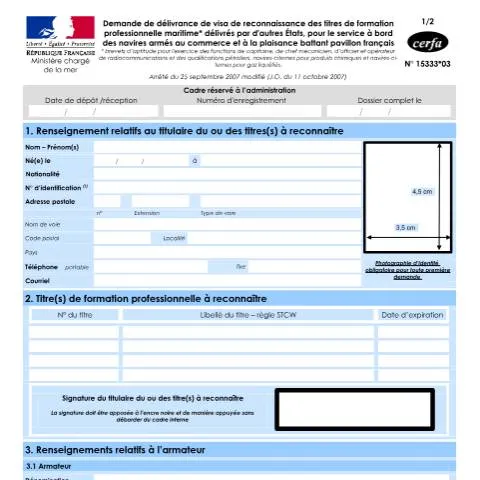 Aperçu du document Reconnaissance des diplômes maritimes européens en France — Études & formation (CERFA n°15333*03)