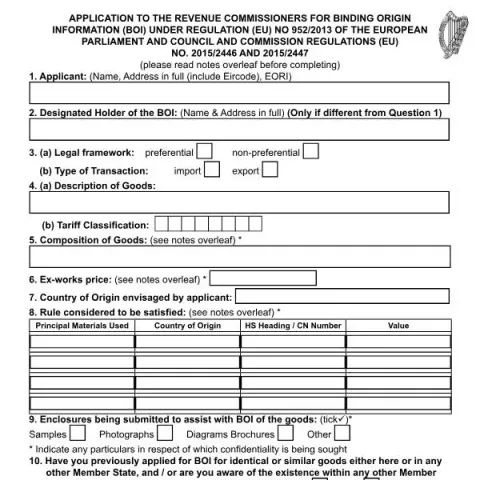 Document preview: Apply for Binding Origin Information with the Revenue Commissioners — Government & admin (RPC019545_EN_WB_L_1)