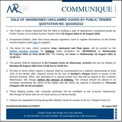 Document preview: Understanding Public Tender for Abandoned Goods in Mauritius — Government & admin (Communique020822)