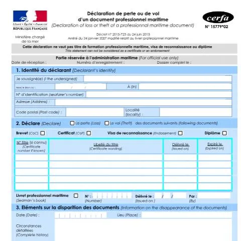 Aperçu du document Formulaire 15779*02 : déclarer la perte de documents maritimes — Démarches administratives (CERFA n°15779*02)
