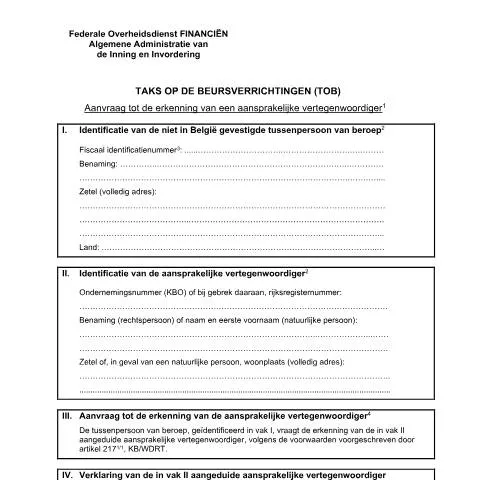 Aperçu du document Procédure de reconnaissance d'un représentant responsable en Belgique — Démarches administratives (CERFA n°124-tob-aanvraag-erkenning-aansprakelijke-vertegenwoordiger)