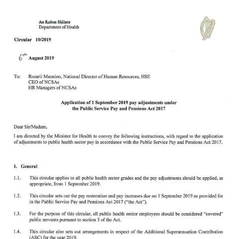 Document preview: 2019 Pay Adjustments and Circular 10/2019 for Ireland Department of — Work & employment (CERFA n°OF1)