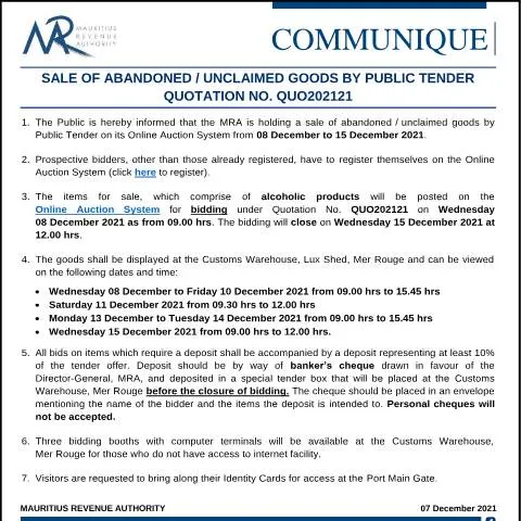 Document preview: Mauritius Revenue Authority Announces Sale of Abandoned Goods by — Government & admin (CERFA n°CommuniqueQUO202121)