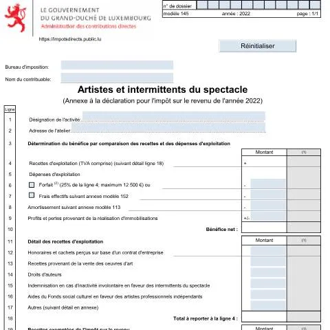 Aperçu du document Formulaire Annexe 145 : Un atout pour les artistes et intermittents — Démarches administratives (CERFA n°145)