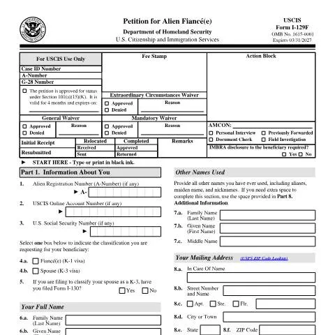 Document preview: Navigating USCIS Form I-129F for Your Fiancé(e) Visa — Immigration & visas (CERFA n°I-129F)