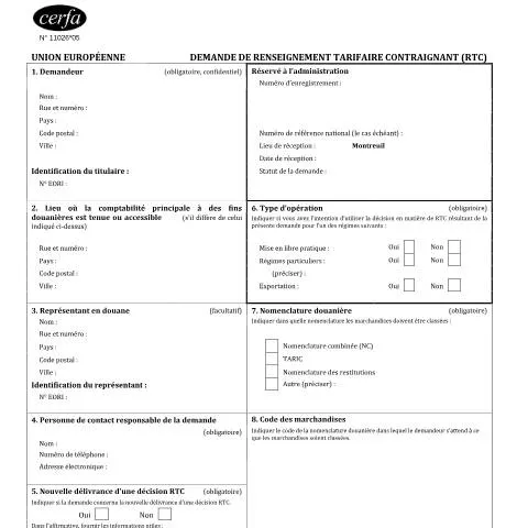 Aperçu du document Comment obtenir un renseignement tarifaire contraignant pour sécuriser — Démarches administratives (CERFA n°11026*05)
