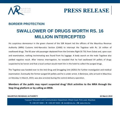 Document preview: Major Drug Seizure at Mauritius Airport — Government & admin (CERFA n°PressRelease220319)