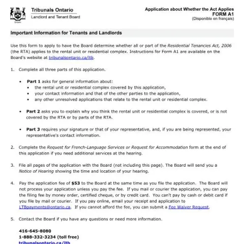 Document preview: Determine Applicability of the Residential Tenancies Act with Form A1 (English / French) — Housing (FORM A1)