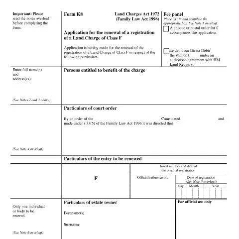 Document preview: Essential Guide to Renewing Class F Land Charges with K8 — Property & real estate