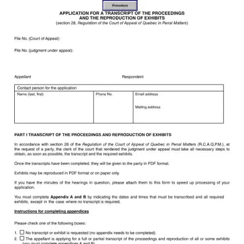 Document preview: Understanding the Quebec Court of Appeal Transcript Request Form — Legal & justice (SJ-1187A)