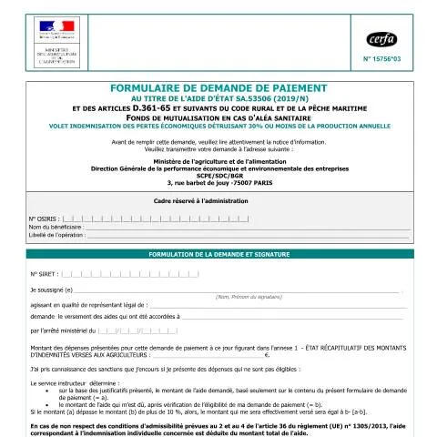 Aperçu du document Formulaire 15756*03 : procédure de paiement aide SA.43200 — Démarches administratives (CERFA n°15756*03)