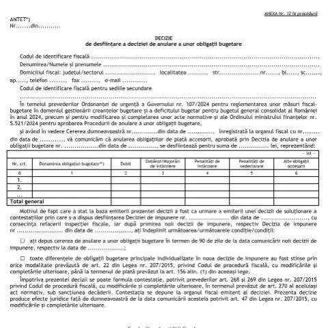 Document preview: Decizia de Desființare a Anulării Obligațiilor Bugetare OMF 5521/2024 — Impozite & fiscalitate (CERFA n°A12_OMF_5521_2024)