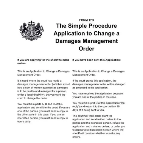 Document preview: How to Request Changes to a Damages Management Order with Form 17D — Legal & justice (Form 17D)