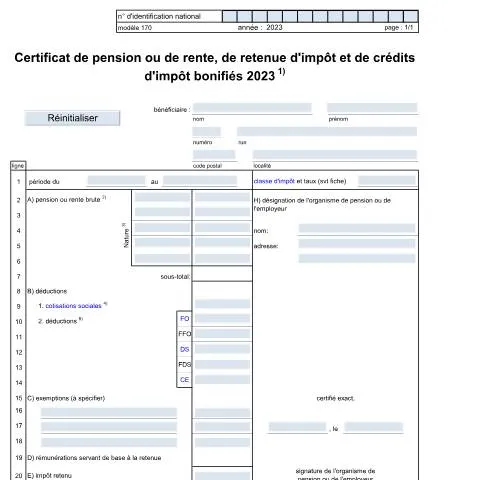 Aperçu du document Comprendre le Certificat Modèle 170 pour les Pensionnés — Impôts & fiscalité (CERFA n°170 F)