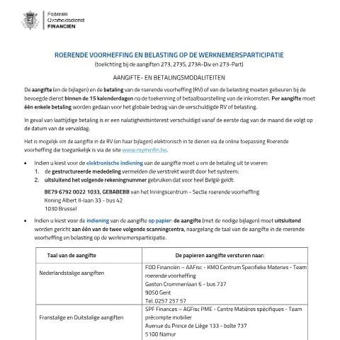 Aperçu du document Comprendre l'Aangifte- en betalingsmodaliteiten en Belgique — Impôts & fiscalité (CERFA n°121-273-aangifte-betalingsmodaliteiten)