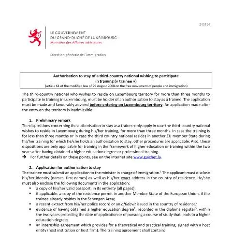 Aperçu du document Conditions pour l'autorisation de séjour des stagiaires au Luxembourg — Études & formation (CERFA n°autorisation-sejour-stagiaire-note)