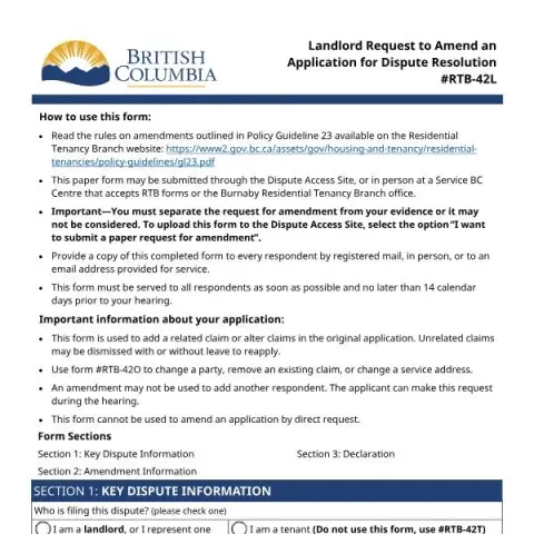 Document preview: Guide to Landlord's Request to Amend Dispute Resolution Application — Housing (RTB-42L)