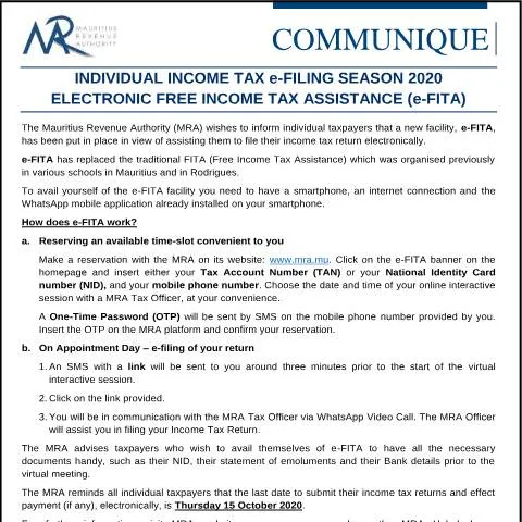 Document preview: Mauritius launches digital e-FITA for simplified income tax assistance — Taxes (CommuniqueeFita)