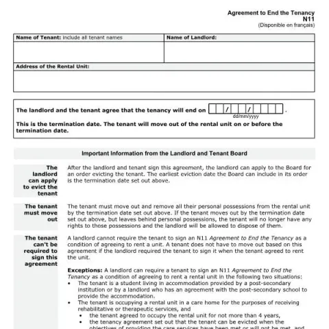 Document preview: Guide to the N11 Agreement to End Tenancy in Ontario (English / French) — Housing (N11)