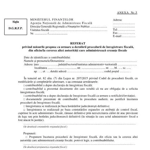 Document preview: Măsuri propuse în urma înregistrării fiscale în România — Impozite & fiscalitate (CERFA n°A5_OPANAF_2430_2025)