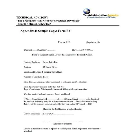 Document preview: Understanding the Official Jamaica Form E2 for Manufacturing Licences — Government & admin (CERFA n°Appendix+4+-+Sample+Copy+-+Form+E2)
