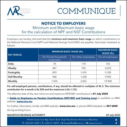 Document preview: Updated Minimum and Maximum Basic Wages for NPF and NSF Contributions — Taxes (CommuniqueNPFNSF290720)