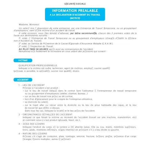 Aperçu du document Accident du travail intérimaire : procédure d'urgence et — Emploi & travail (CERFA n°60-3741)