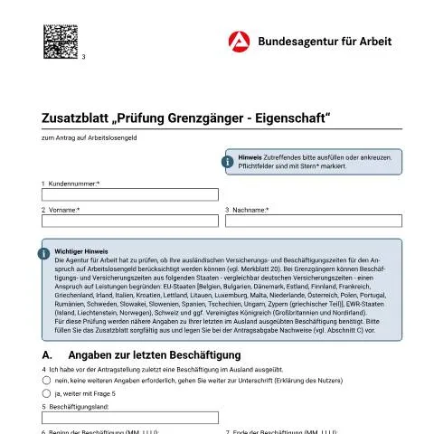 Dokumentvorschau: Wichtige Informationen zur Arbeitslosengeldprüfung für Grenzgänger — Arbeit & Beschäftigung (CERFA n°zb-grenzgaenger-onlinestrecke-alg_ba034645)