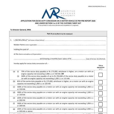Document preview: Motor Vehicle Excise Duty Concession Application Process in Mauritius — Vehicle & driving (CERFA n°MRA-CUS-ASS-MVC-Form2)