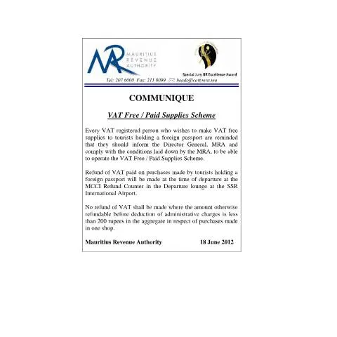 Document preview: Mauritius VAT Refund Scheme for Tourists: Simplified Reclaim Process — Taxes (CommuniqueVAT3Scheme)