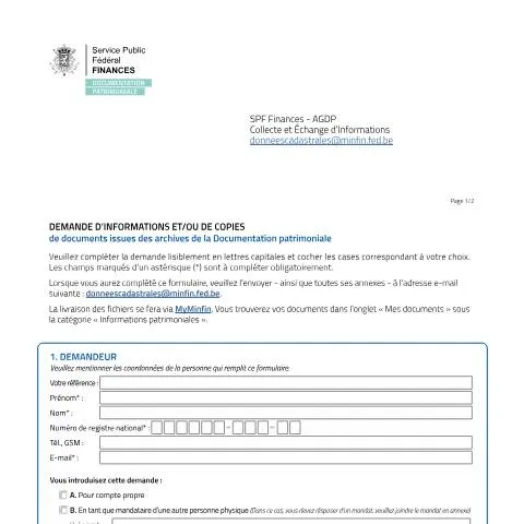 Aperçu du document Guide pour demander des pièces cadastrales en Belgique — Démarches administratives (CERFA n°20250827-form-demande-pieces-archives-cadastrales-part)