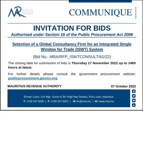 Document preview: Mauritius MRA Announces Trade System Consultancy Selection — Government & admin (Communique071022)