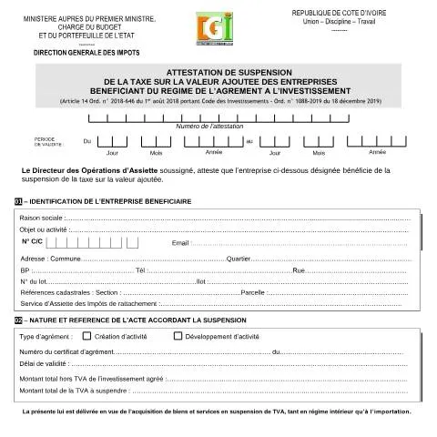 Aperçu du document Comprendre l'attestation de suspension de TVA en Côte d'Ivoire — Impôts & fiscalité