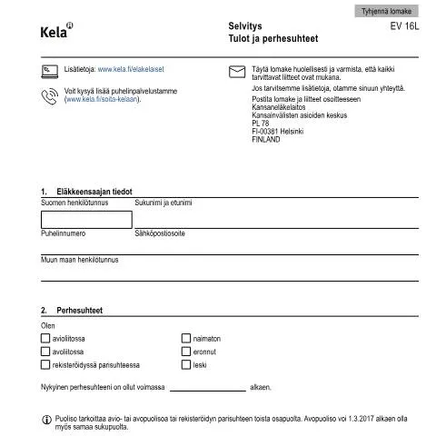 Document preview: Selvitys eläkkeensaajan tuloista ja perhesuhteista — Hallinnolliset asiat (CERFA n°Kela EV 16L)