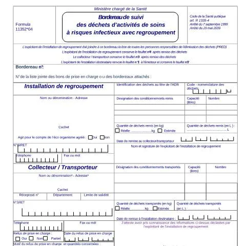 Aperçu du document Formulaire 11352*04 : élimination réglementaire des DASRI — Démarches administratives (CERFA n°11352*04)