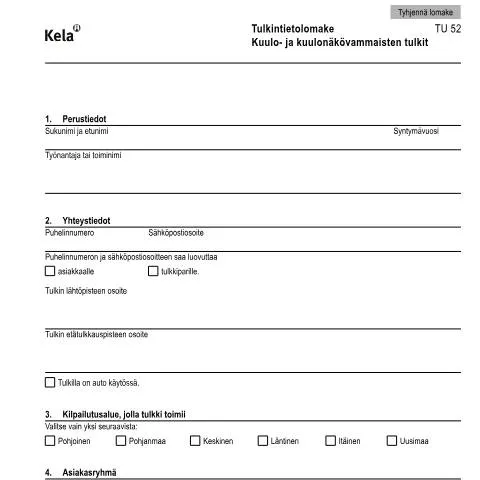 Document preview: Tulkintietolomake TU 52 kuulo- ja kuulonäkövammaisten tulkeille — Hallinnolliset asiat (CERFA n°Kela TU 52)