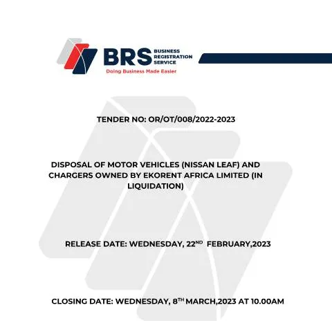 Document preview: Navigating the Tender Process for Nissan Leaf Disposal — Government & admin (CERFA n°TENDER-DOCUMENT-DISPOSAL-OF-MOTOR-VEHICLES-NISSAN-LEAF-AND-CHAGERS-FOR-EKORENT-AFRICA-LIMITED)