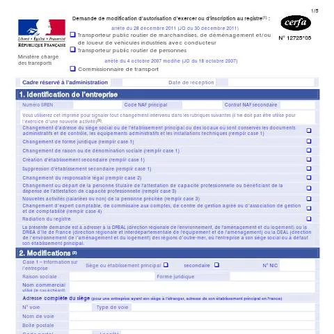 Aperçu du document Comment déclarer les modifications de votre entreprise de transport — Démarches administratives (CERFA n°12725*05)