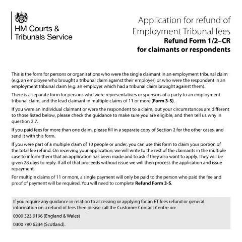 Document preview: How to Claim Your Employment Tribunal Fee Refund Using Form 1/2CR — Legal & justice