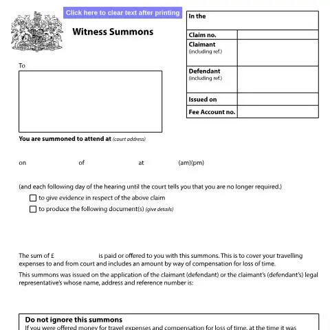 Document preview: Form N20 Witness Summons: Your Mandatory Court Attendance Guide — Legal & justice