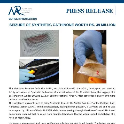 Document preview: Mauritius Border Protection: Synthetic Cathinone Seizure — Government & admin (BorderProtection)