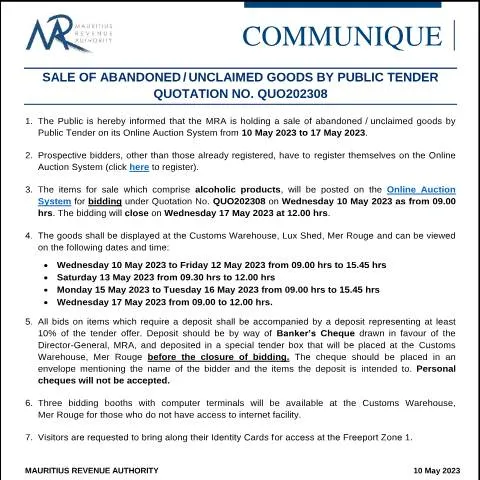 Document preview: Mauritius Revenue Authority Announces Sale of Abandoned and Unclaimed — Government & admin (CommuniqueQUO202308)