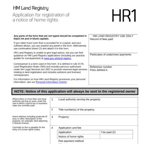 Document preview: How to Register Home Rights Protection with HR1 Land Registry Notice — Legal & justice