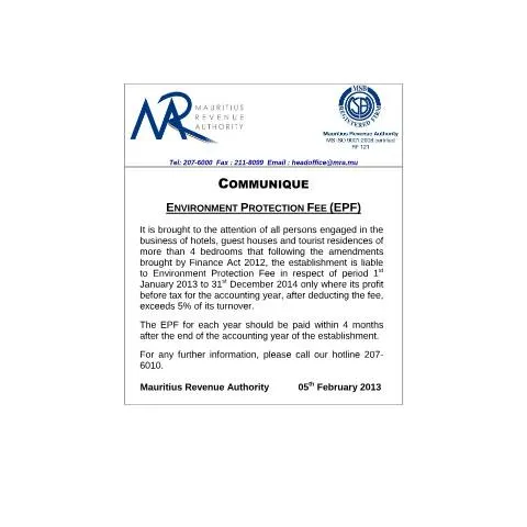 Document preview: Mauritius Environment Protection Fee (EPF) Overview for Hospitality — Environment & energy (CERFA n°CommuniqueEPF2013)