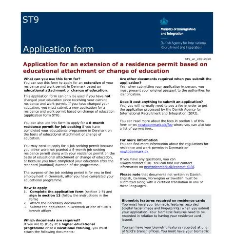 Document preview: Forlæng din opholdstilladelse med ST9 i Danmark — Immigration & visa (CERFA n°ST9)